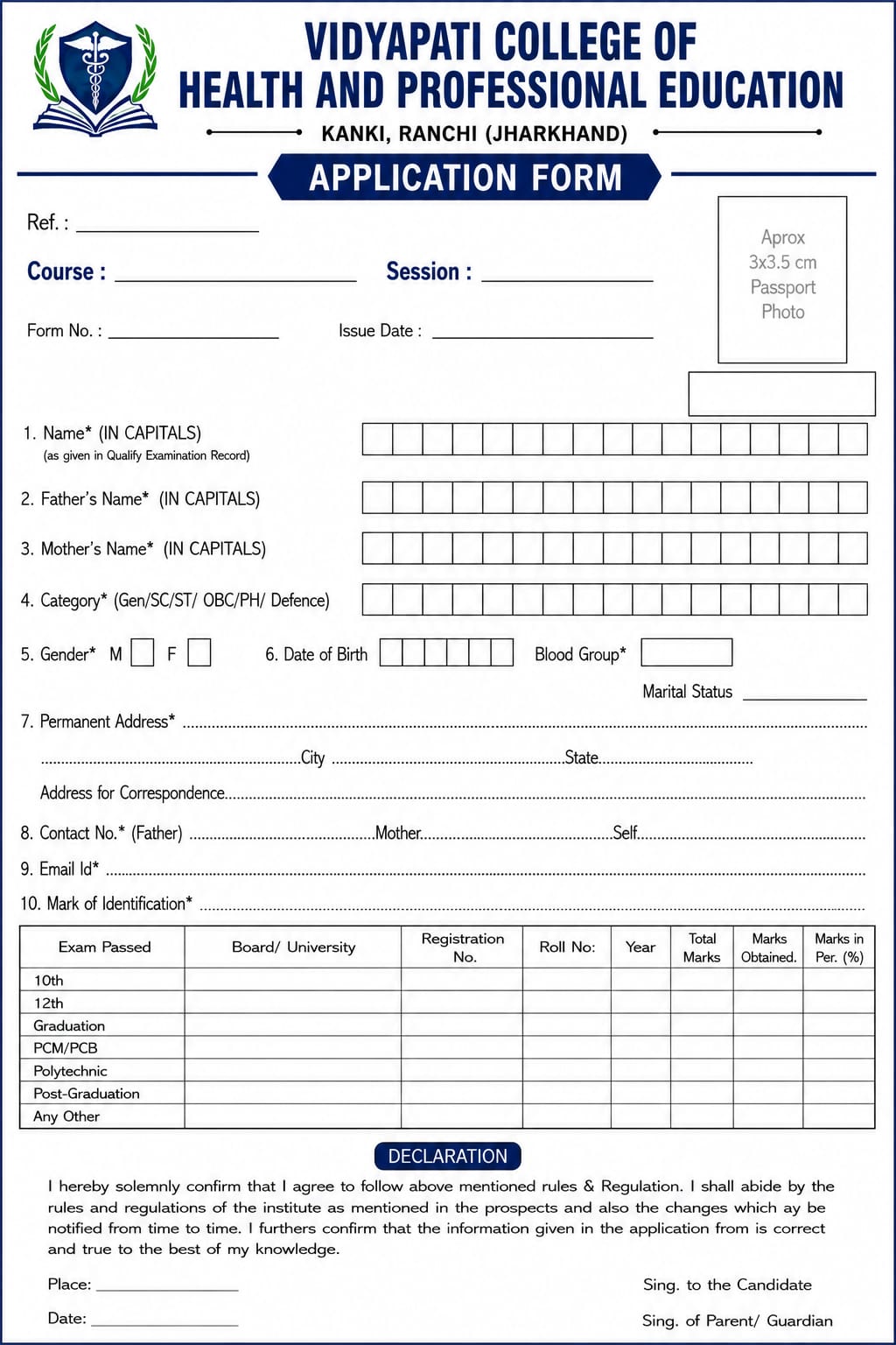 Vidyapati College of Health and Professional Education Application Form